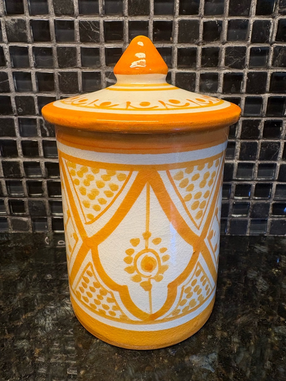 Handmade Serghini Safi Morocco Pottery Canister w/Lid Orange Geometric Art